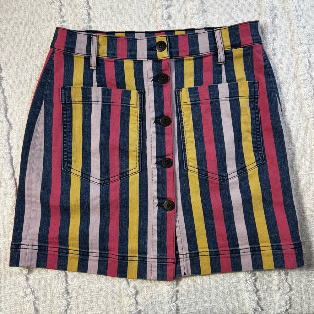 3x1 Denim Mini Skirt Multicolor Dustin Stripe Button A-Line Front Pocket Sz 28